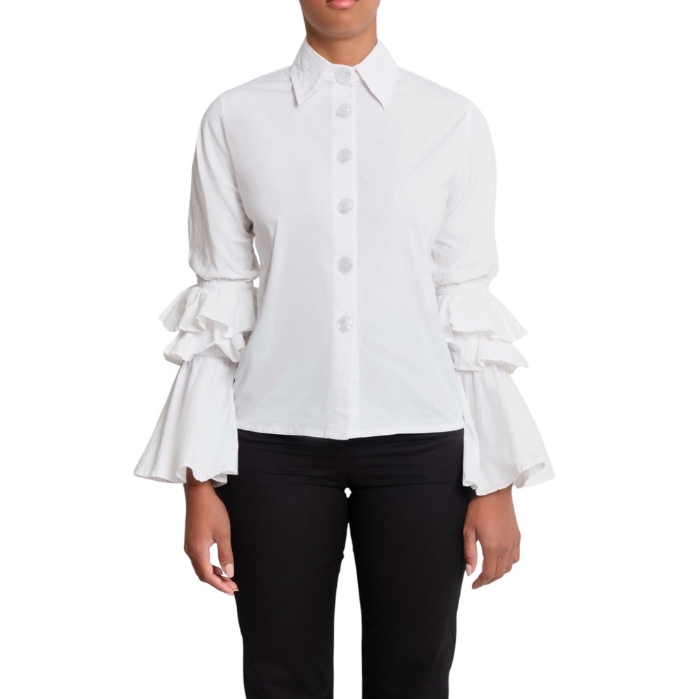 THE LULO PROJECT Brave Ruffle Bell Sleeve Stretch Cotton Shirt White Small NWT